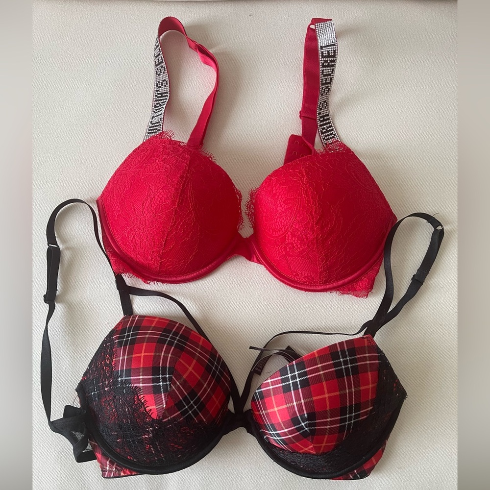 Victoria’s Secret Bra Bundle, Red&Black Plaid and Red Lace, Pristine Condition